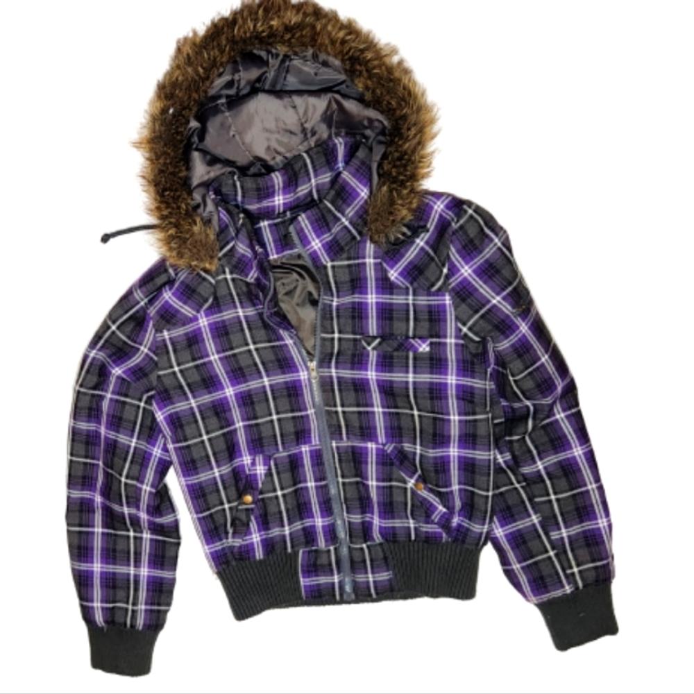 Papaya faux fur lined hood purple white black plaid cinched waist coat jacket